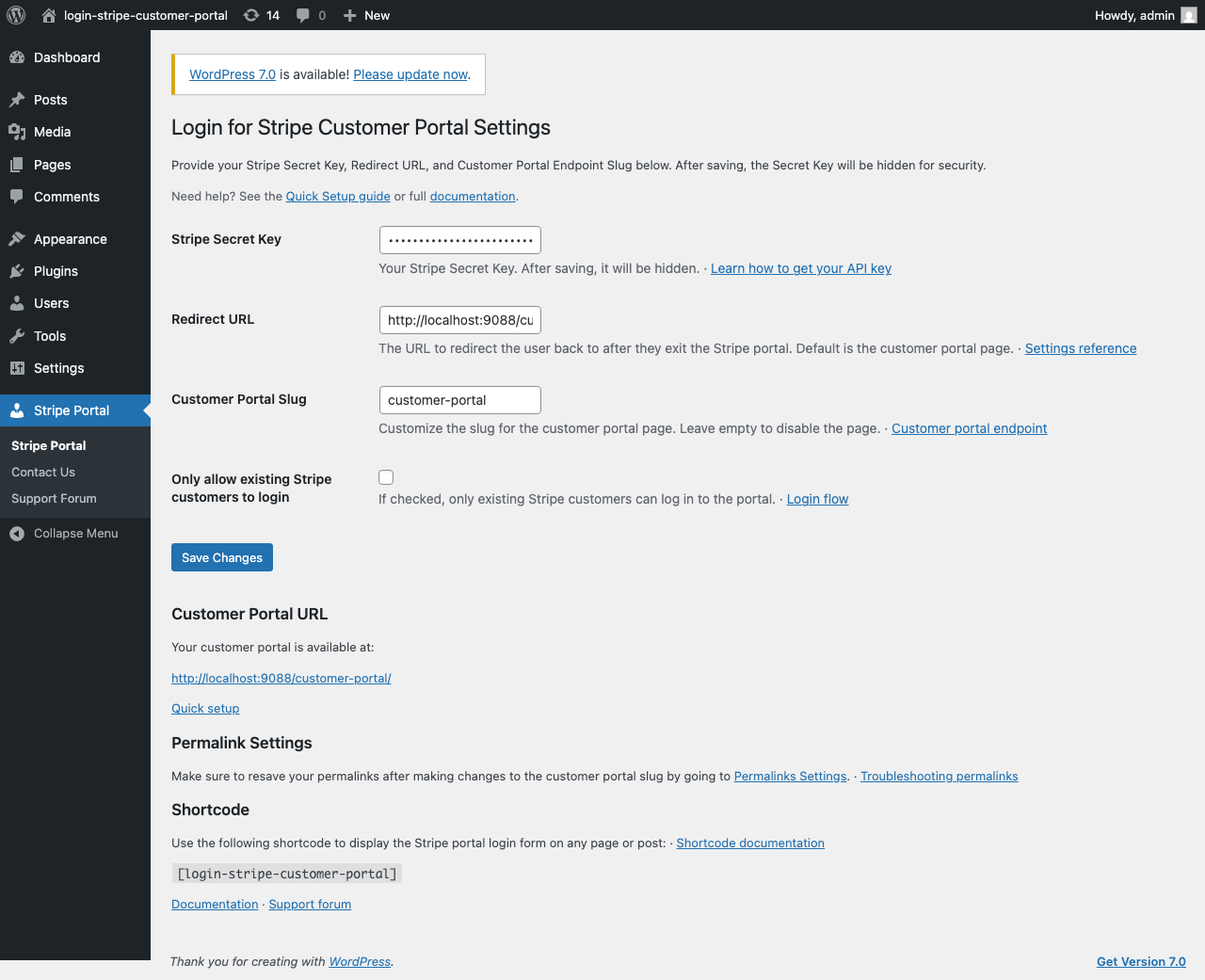 Stripe Portal settings page