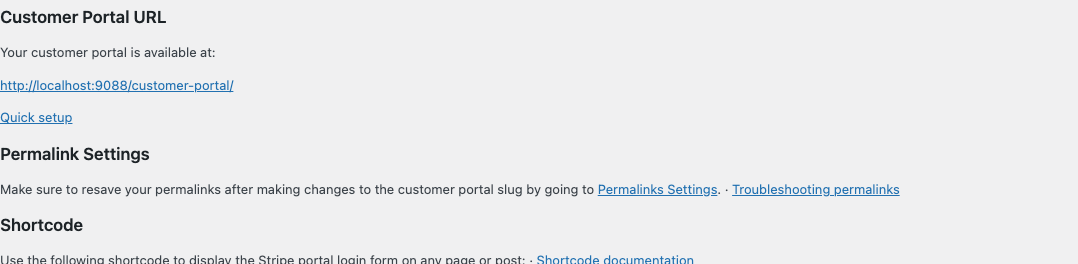 Portal URL, permalinks note, and shortcode on settings page