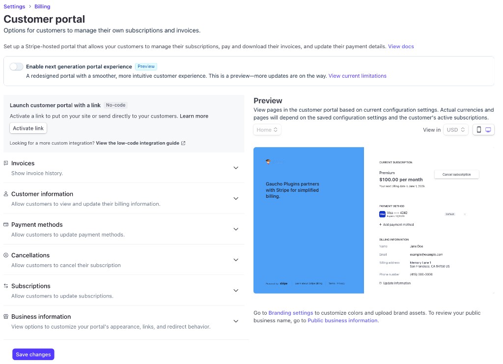 Stripe Dashboard — Customer portal settings
